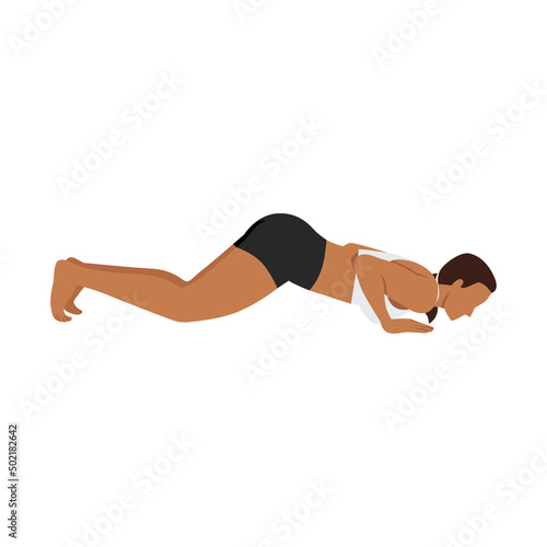 Woman doing knees chest chin pose ashtanga namaskars exercise. Flat vector illustration isolated on white background