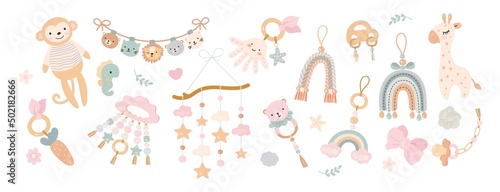 Scandinavian nursery boho style elements. Baby toys, rainbow, giraffe and monkey. Doodle decorative flat contemporary nowaday vector design