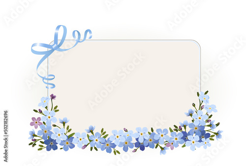 Blanko Karte mit Vergissmeinnicht Blüten und Schleife, 
Karte zum Muttertag, Geburtstag, Valentinstag, Hochzeit und mehr, 
Vektor Illustration isoliert auf weißem Hintergrund

