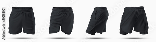 Mockup of black loose shorts with underpants compression line, 3D rendering, isolated on background, front, back, side view.