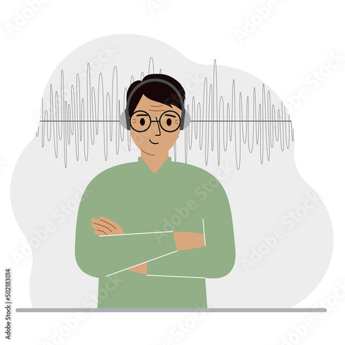 Man in headphones and a sound track. Concept of online podcast, radio, online books, online learning and music.