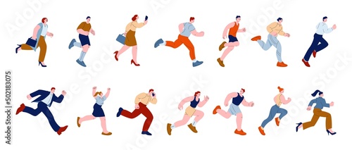 People running. Activity group run, business person rush to success. Isolated young runners and excited man and woman. Flat kicky athletes vector kit