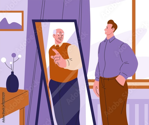 Advice young from old. Man looking at mirror and see yourself senior in future. Lifetime metaphor, self realization and support. Psychology kicky vector concept