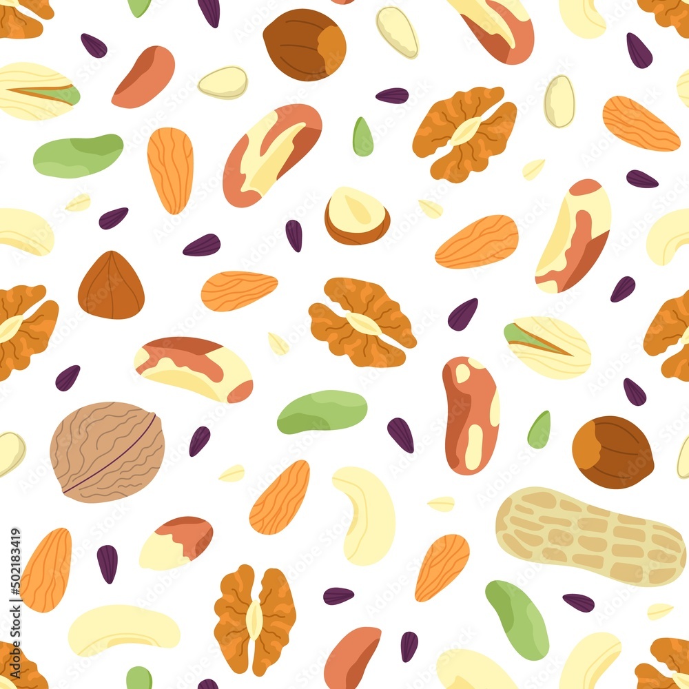 Nuts seamless pattern. Abstract mix seeds, raw ingredients, dried fruits and nut. Fresh vegan food print, beans, hazelnut decent vector background Nuts seamless pattern. Abstract mix seeds, raw ingredients, dried fruits and nut. Fresh vegan food print, beans, hazelnut decent vector background