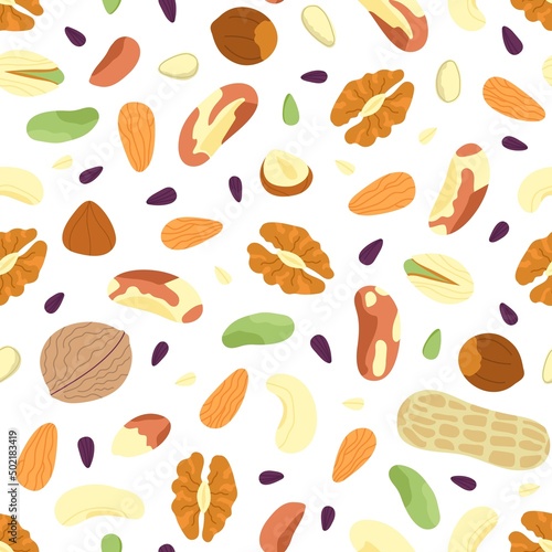 Nuts seamless pattern. Abstract mix seeds, raw ingredients, dried fruits and nut. Fresh vegan food print, beans, hazelnut decent vector background