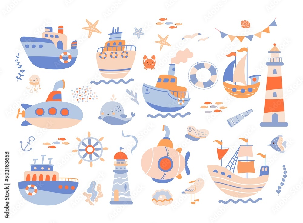 Marine adventures set. Cute whale and funny crab, sailor team objects. Kids ship, sailboat and submarine, childish sea party nowaday vector collection - obrazy, fototapety, plakaty 