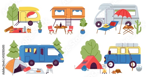 Hiking tools and camping rest. Flat tent, campers and home on wheels. Trip adventures on nature. Summer recreational equipment decent vector scenes