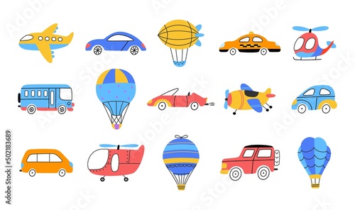 Isolated children transport. Cartoon kids airplane, cars and hot air balloons. Flat vehicles clipart, auto and aircraft. Nowaday transportation vector set