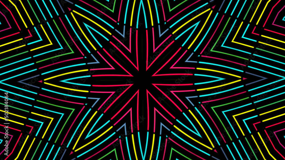 Geometric abstract kaleidoscope with moving neon rows of lines changing their color. Animation. Abstract kaleidoscope motion background