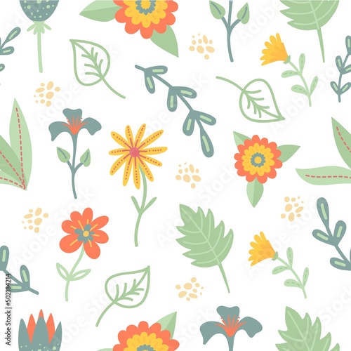 Aesthetic floral seamless pattern. Eclectic flowers decor, minimal cute print with drawing leaves. Abstract amazing scandi boho neoteric vector background