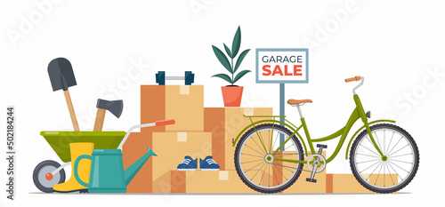 Garage sale banner with flat furniture objects arranged on the floor - house plants, guitar, books, clothes, chair and others. Flea market old stuff clutter. Vector illustration.