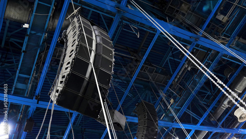 Installation of professional audio equipment. Stock footage. Powerful curved sound speakers for better sound at concerts or competitions