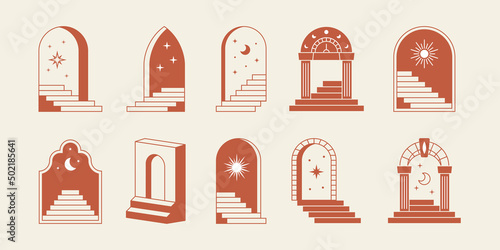 Minimal surreal doors stairs. Boho line arch, staircase, mystic frames, abstract geometric art. Vector illustration