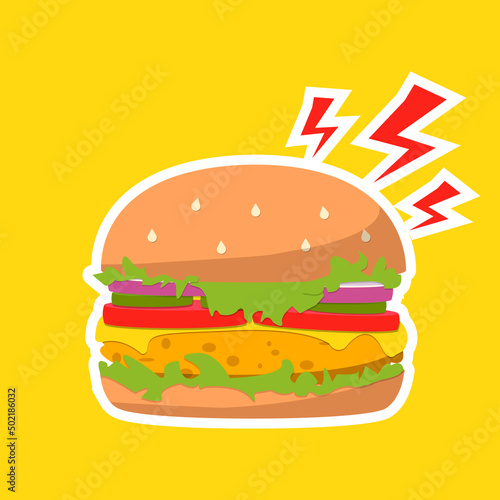 Simple chicken Burger icon. burger with lightning. Vector Fast food illustration flat icon juicy delicious hamburger isolated on yellow background