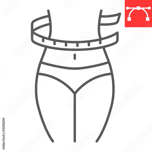 Weight lose line icon, diet and body, woman waist with measuring tape vector icon, vector graphics, editable stroke outline sign, eps 10.