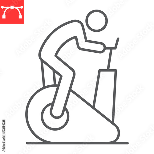 Person riding exercise bike line icon, fitness and sport, exercise bike vector icon, vector graphics, editable stroke outline sign, eps 10.