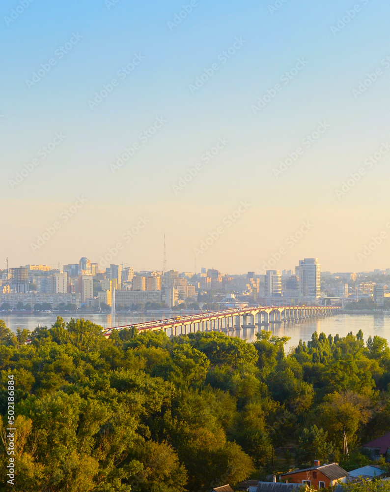 Panorama Dnipro city sunset. Ukraine