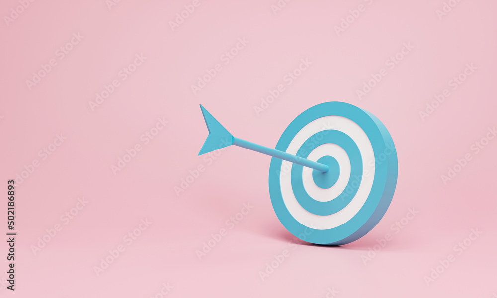 3d render, 3d illustration. Arrow hit the center of target or goal of success. Business target achievement, minimal concept. 3d render, 3d illustration. Arrow hit the center of target or goal of success. Business target achievement, minimal concept.