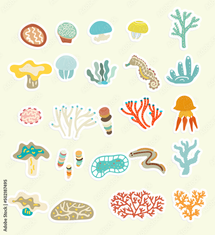  undersea life stickers vector illustration set