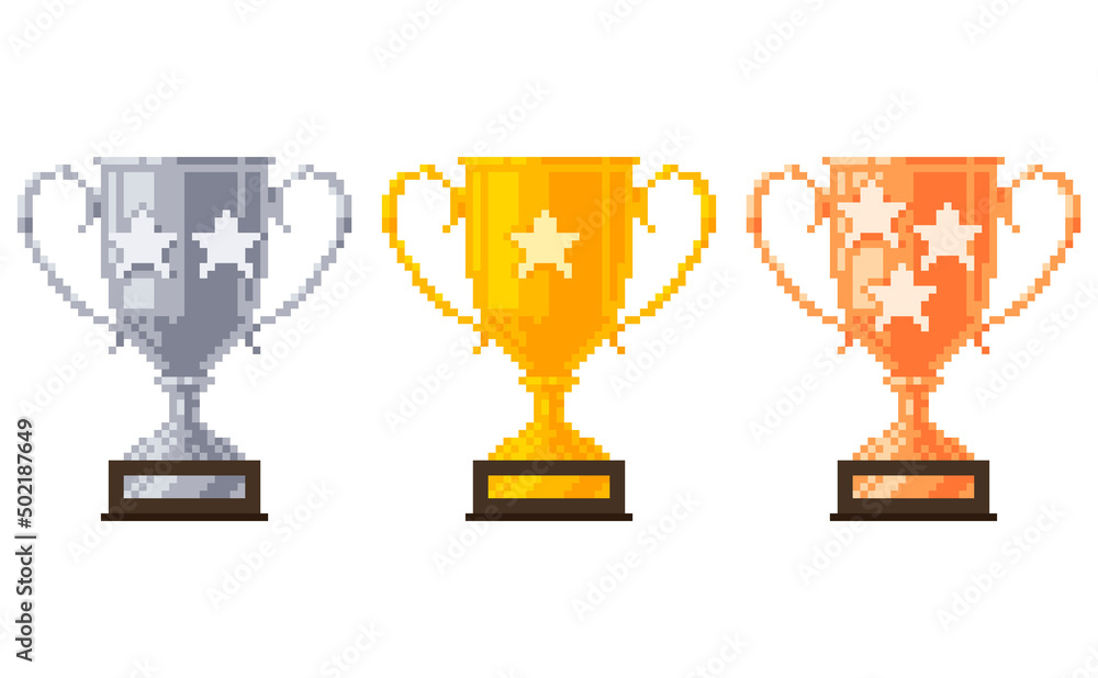 Pixel art trophy cups. Silver, golden and bronze goblets with stars. Achievement flat icons. Pixel art trophy cups. Silver, golden and bronze goblets with stars. Achievement flat icons.