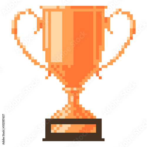Bronze cup on a wooden stand with a nameplate pixel icon. Third place award trophy symbol 8-bit style.