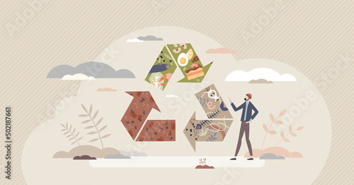 Food waste recycling and nature friendly junk composting tiny person concept. Grocery leftovers dispose with bio degradable and zero waste management vector illustration. Trash composting process.