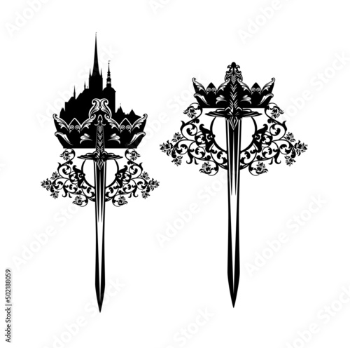 fairy tale medieval castle and royal crown with rose flowers and king sword blade - black and white vector design for fantasy knight hero