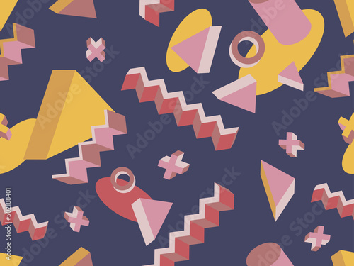 3d isometric geometric shapes seamless pattern. Memphis geometry elements in 80s style. Design for promotional products, wrapping paper and printing. Vector illustration