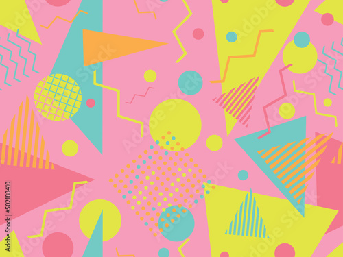 Memphis seamless pattern with geometric shapes in 80s and 90s style. Geometric shapes of different shapes and colors. Design of promotional products, wrapping paper and printing. Vector illustration