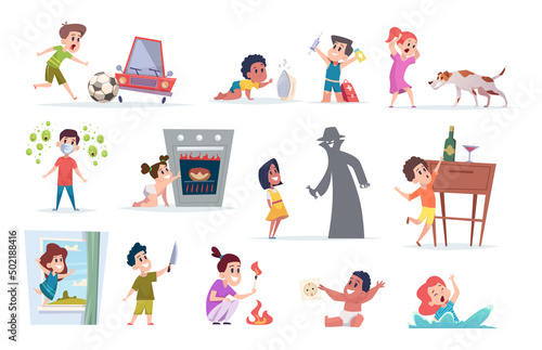 Dangerous situation for kids. Boys and girl playing with electricity holding knife eating drugs pills mortality for children caution strangers exact vector cartoon characters