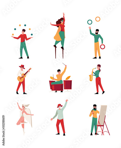 Urban festival. Outdoor characters on street performance dancers musicians fire shows clowns garish vector pictures set