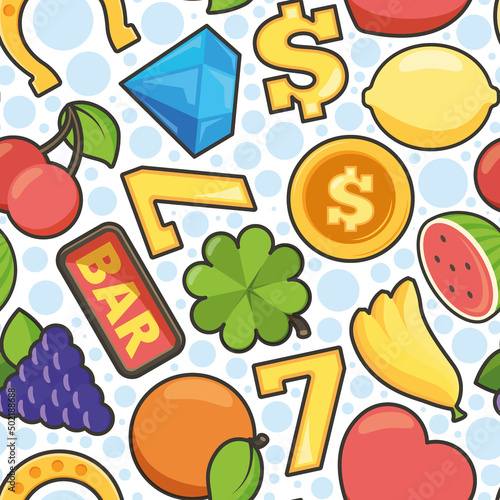 Casino pattern. Slot machine icons 777 heart fruits coins lucky symbols of jackpot winners garish vector seamless pattern for textile design projects