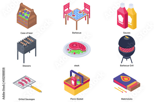 Barbeque concept 3d isometric icons set. Pack elements of barbecue picnic, case of beer, dining table, sauces, skewers, steak, sausages and matchsticks. Vector illustration in modern isometry design photo