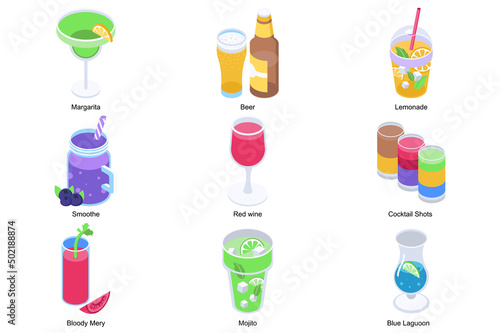 Beverages concept 3d isometric icons set. Pack elements of margarita, beer, lemonade, smoothie, red wine, shots, bloody mary, mojito and blue lagoon. Vector illustration in modern isometry design