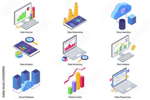 Data science concept 3d isometric icons set. Pack elements of networking, cloud reporting, risk analysis, monitoring , database, chart and programming. Vector illustration in modern isometry design