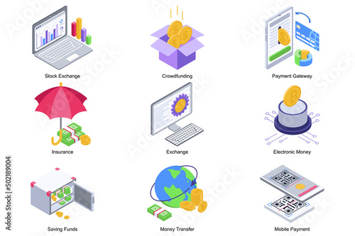 Fintech concept 3d isometric icons set. Pack elements of stock exchange, crowdfunding, payment gateway, insurance, electronic money, saving funs, money. Vector illustration in modern isometry design