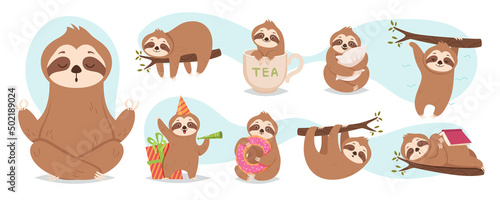 Asleep sloths. Cute baby wild sloths animals hanging branches in relaxing poses exact vector illustrations set photo