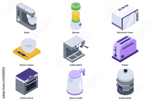 Kitchen appliances concept 3d isometric icons set. Pack elements of mixer, blender, microwave oven, scales, coffee maker, toaster, electric stove, kettle. Vector illustration in modern isometry design