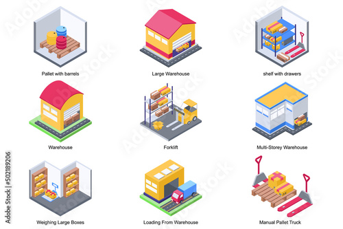 Warehouse concept 3d isometric icons set. Pack elements of pallet with barrels, shelves, forklift, weighing large boxes, loading, manual pallet truck. Vector illustration in modern isometry design