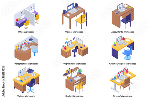 Workspace concept 3d isometric icons set. Pack elements of offices for vlogger, accountant, photographer, programmer, graphic designer, writer, student. Vector illustration in modern isometry design