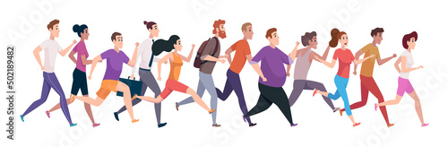 Crowd running. Outdoor jogging people healthy lifestyle sport persons exact vector cartoon illustrations