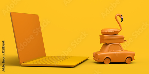 Online summer vacation booking  concept with car, suitcase and inflatable float next to laptop. Copy space. 3D illustration. photo