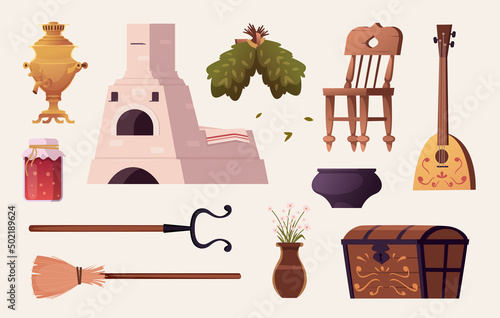 Russian interior. Authentic rural house oven old furniture collection samovar teapot for kitchen exact vector colored items