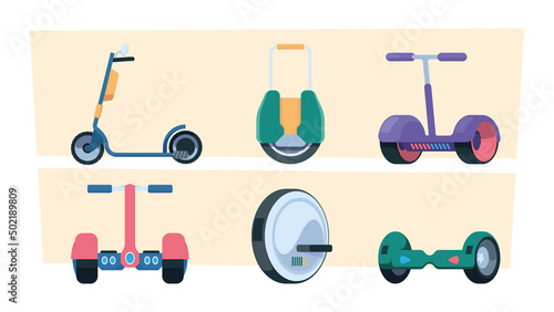 Segway. Eco style electro urban transport monowheel scooters hoverboard gyro scooter garish vector flat illustrations