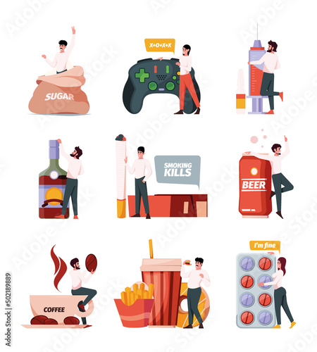 Bad addictions. Distractions habits of male and female characters drugs alcoholism overeating smoking persons garish vector colored pictures set