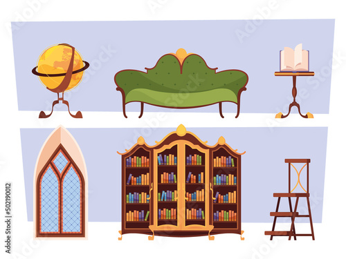 Library furniture. Old wooden vintage book shelves cabinet furniture garish vector cartoon templates set