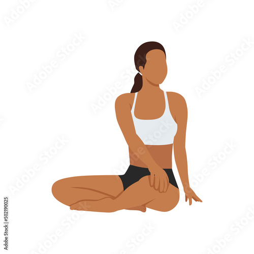 Woman doing seated spinal twist pose parivrtta sukhasana exercise. Flat vector illustration isolated on white background