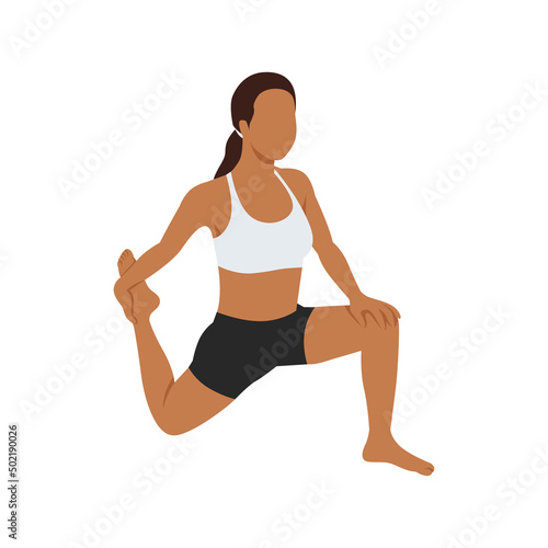 woman doing low lunge quad stretch pose anjaneyasana exercise. Flat vector illustration isolated on white background