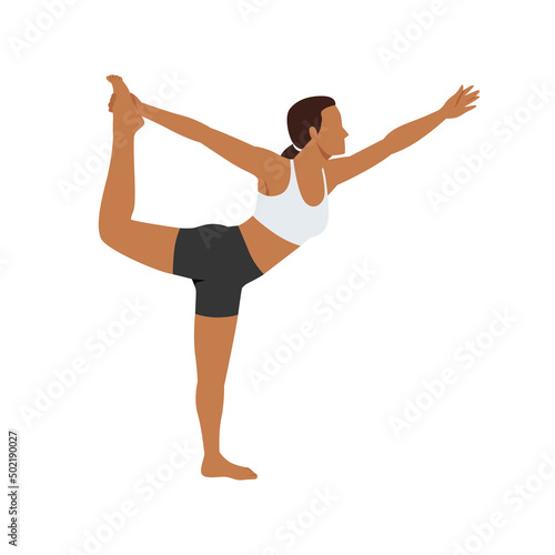 Woman doing lord of the dance pose natarajasana exercise. Flat vector illustration isolated on white background
