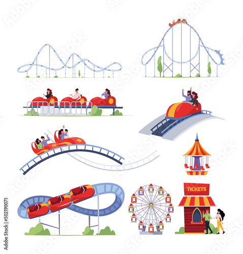 Roller coaster park. Amusement adventure characters have fun in roller coaster activity riding garish vector cartoon set